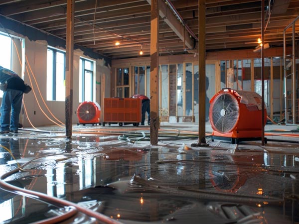Flood-Damage-Restoration-Pontiac-MI-Michigan-1 | Incore Restoration Group Construction site inside a building under renovation with wet concrete floor and orange industrial fans blowing air across the space.